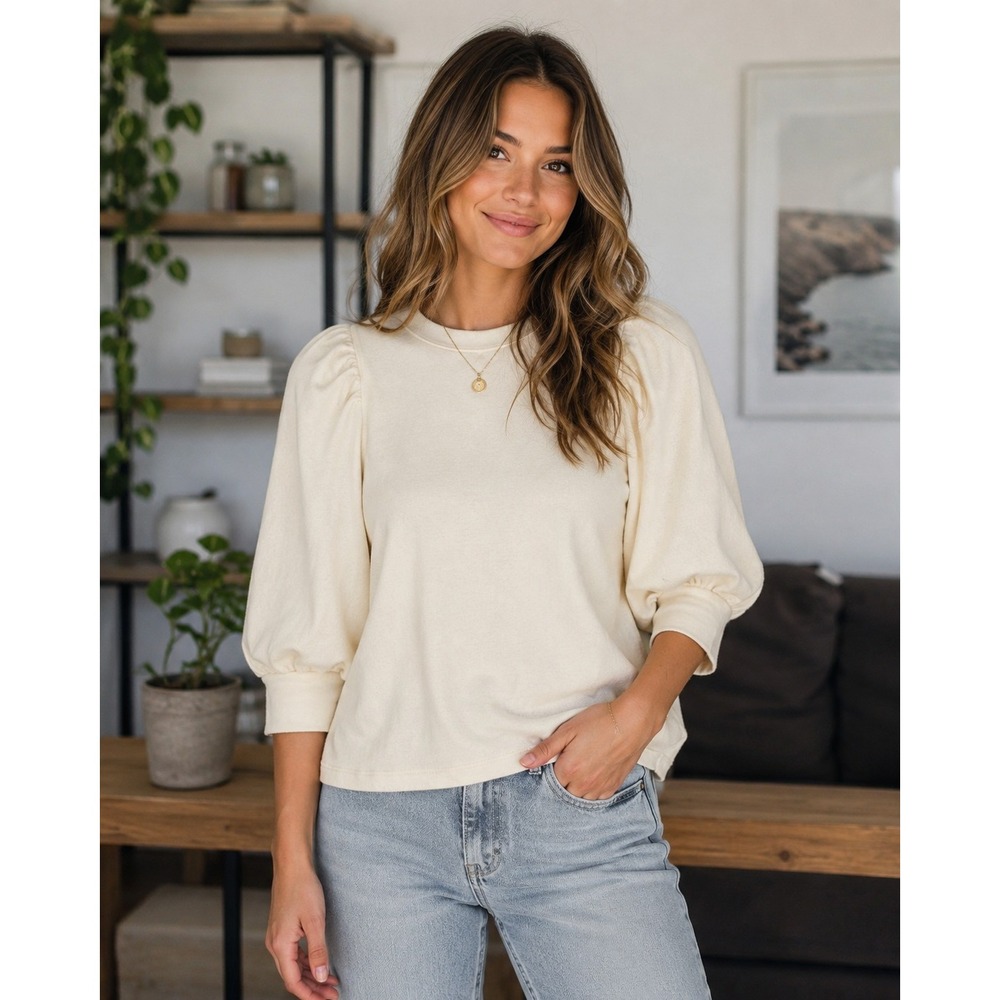 Madewell Womens L Ivory Puff Sleeve Pullover Top Cotton‎ Blend Cream -1336